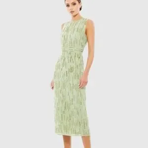 mac duggal beaded sleeveless midi sheath dress Green Abstract Beaded Sleeveless Midi Sheath Dress